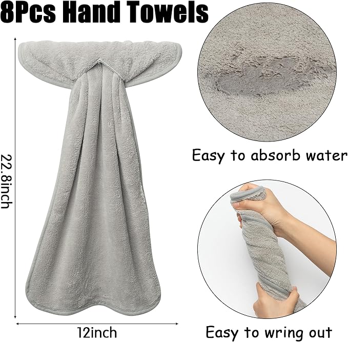 R HORSE 8Pcs Hanging Hand Towel with Loop, Grey Absorbent Coral Fleece Bathroom Hand Towel, Soft Thick Dish Cloth Decorative Quick Drying Dish Cloth, Washcloth for Kitchen Bathroom