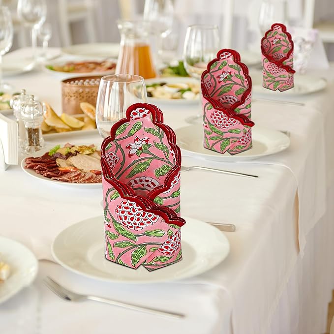 Ridhi Hand Block Print Strawberry Pink 18" x 18" (Set of 4) Embroidery Table Napkins Reusable Cotton Dinner Napkins for Weddings, Parties, Everyday Dining Gift for Spring, Easter, Valentine