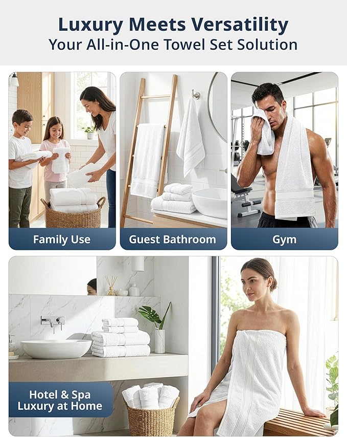 LANE LINEN Towel Set of 18 – Premium 100% Cotton, Zero Twist, 6 Large Bath Towel, 6 Hand Towels & 6 Wash Cloths, Quick Dry & Long-Lasting, Perfect for Family Bathrooms, Easy Care – White Towels