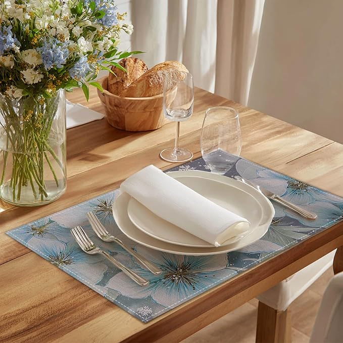 HOMETITUTE Placemats Set of 4 12x18 inch Blue Floral Table Mats for Dining Table Linen Placemats Farmhouse Decorations Kitchen Decor Desk Mat for Outdoor Home Party Kitchen Seasonal Dining