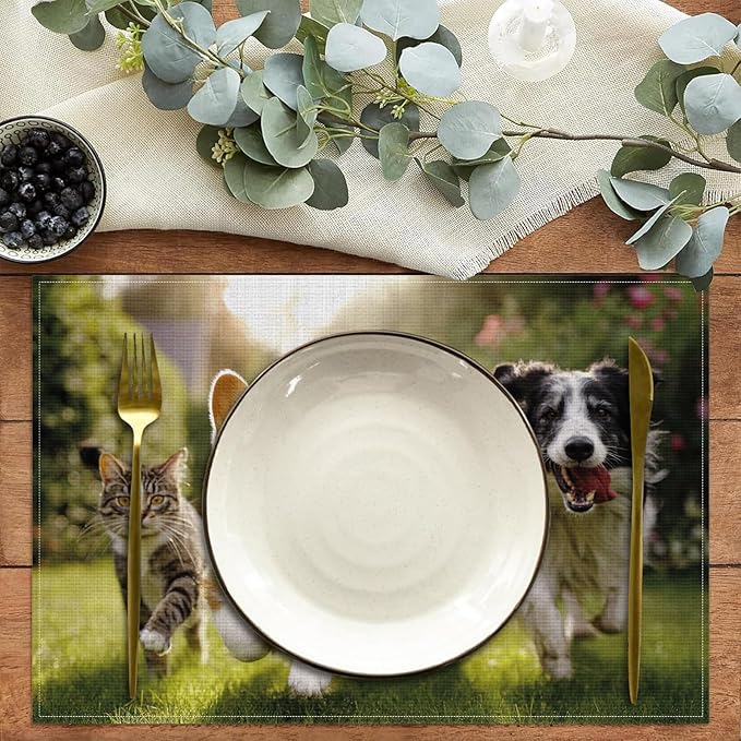 Cute Cat Dog Animal Placemats Set of 6,12 x 18 Inch Table Mats Washable Heat Resistant Linen Fabric Rectangle Place Mat for Party Home Kitchen Dining