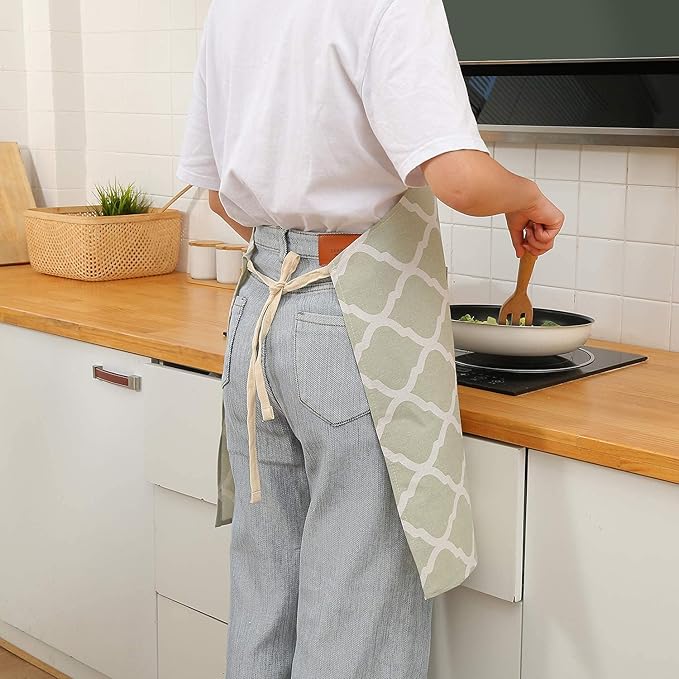 Tosewever 2 Pack Cotton Adjustable Bib Apron for Women, Cooking Kitchen Aprons with Pockets BBQ Drawing, Mom Woman Men Chef (Cotton - Grey/Green, 2)