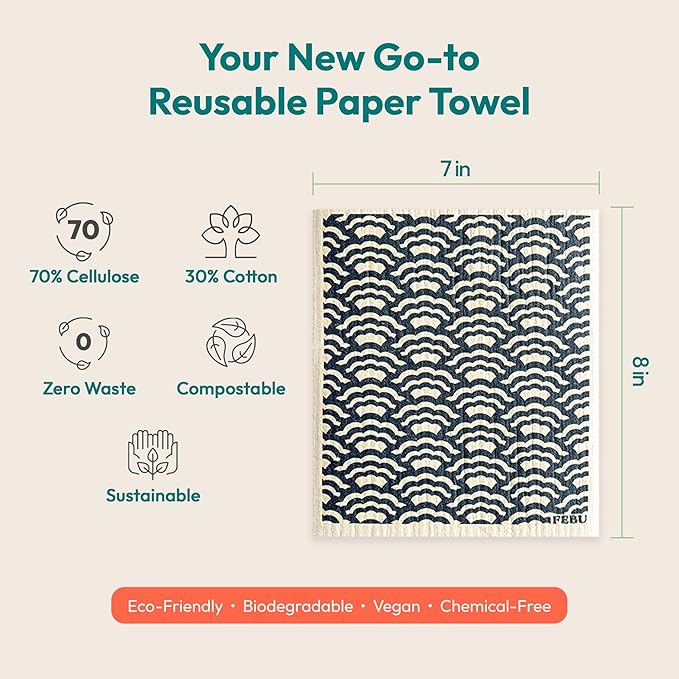 FEBU Swedish Dishcloths for Kitchen | 5 Pack Sunset Reusable Paper Towels Washable | Swedish Dish Towels | Non-Scratch Cellulose Sponge Cloths | No Odor, Biodegradable Cleaning Cloths