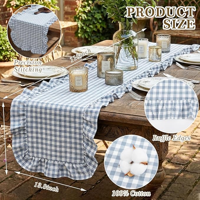 HunnmingRe 1 Pcs Blue Plaid Gingham Ruffle Table Runner 118 x 13.8'' Farmhouse Easter Table Runner 100% Cotton Scalloped Long Dresser Scarves for Dining Room, Wedding, Kitchen Rustic Home Decor