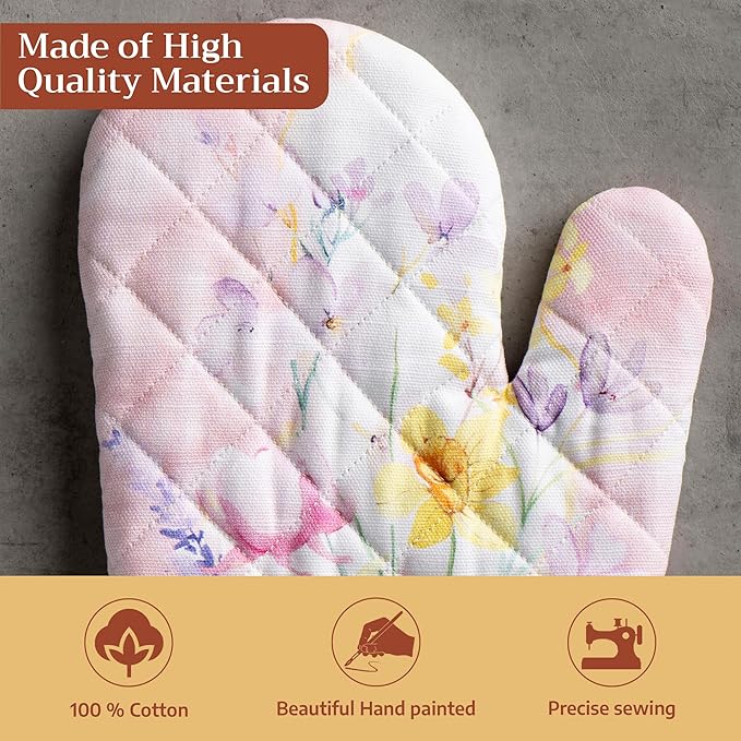 Maison d'Hermine Oven Gloves 100% Cotton Oven Mitt 7" x 13" with Loop Heat Resistant BBQ Cooking Gloves Baking Grilling Gifts for Mothers Day Spring/Summer (Pack of 1, Easter Zest)