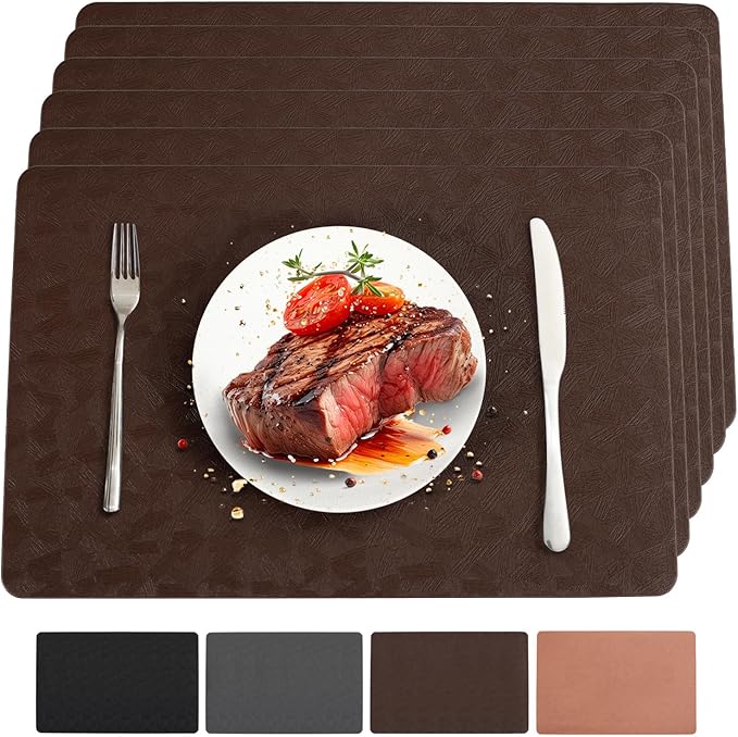 Vinyl Placemats Set of 6 Heat Resistant Easy Clean Non-Slip Place Mats for Dining Table Faux Leather Waterproof Stain Resistant Wipeable Washable PVC Table Mats(6, Brown)