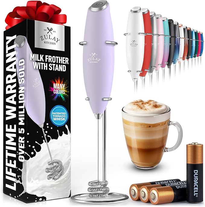 Zulay Kitchen Patented Tornado Triple Whisk Milk Frother with 4 Duracell Batteries – Handheld Foam Maker for Coffee, Lattes, Matcha & Hot Chocolate – Rich, Creamy Froth in Seconds - Lilac
