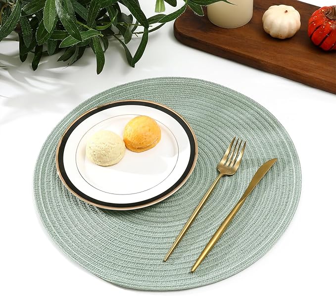 SHACOS Round Placemats Set of 6 Washable 15 inch Cotton Polyester Table Mats Woven Braided Place Mats for Dining Table, Sage Green