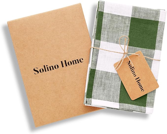 Solino Home Linen Kitchen Towels Set of 2 - Olive and White 16.5 x 26.5 Inch - 100% Pure Linen Buffalo Check Kitchen/Tea Towels - Machine Washable and Handcrafted from European Flax