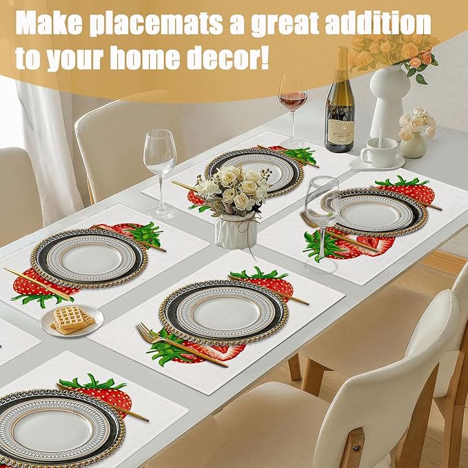 Strawberry Placemats Set of 6, Spring Summer Linen Place Mat Washable Stain Resistant Table Mats for Farmhouse Kitchen Dining Party Wedding Decor 12x18 Inch