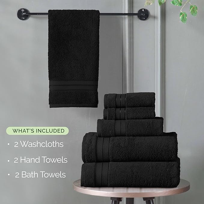 Elegant Comfort Luxury 6-Piece Towel Set, Premium Soft 100% Turkish Cotton, Three Line Popcorn Design 2 Bath Towels, 2 Hand Towels and 2 Washcloths Towel Set - Quick-Drying and Absorbent, Black
