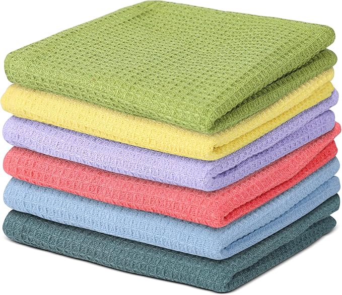 Vintage Vista 100% Cotton Waffle Dish Cloths (Pack of 6) - Dish Rags for Washing Dishes - Reusable & Highly Absorbent Kitchen Towels - Kitchen Rags fo Easter - (12" x 12" - Multicolor I)