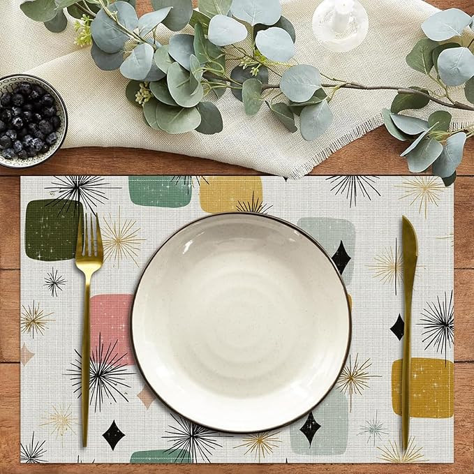 Mid Century Placemats Set of 6,12 x 18 Inch Table Mats Washable Heat Resistant Linen Fabric Rectangle Place Mat for Party Home Kitchen Dining