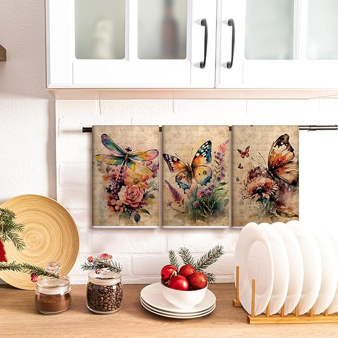Bencailor 6 Pcs Butterfly Flower Kitchen Towels Decorative Sets Dish Towels Absorbent Fast Drying Hand Tea Vintage Hanging Reusable Cleaning Dishcloths for Cooking Farmhouse Bathroom Accessory