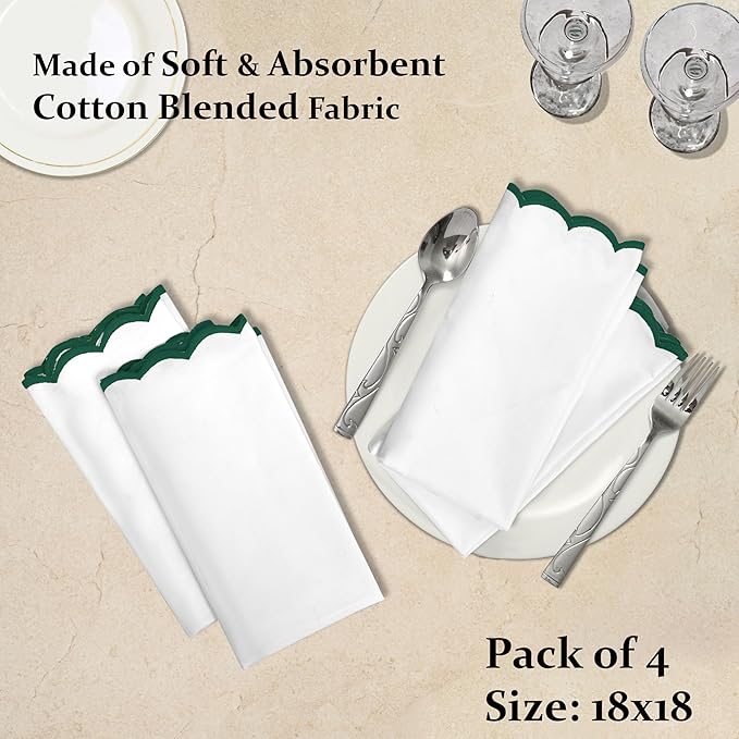 Ridhi Cloth Napkins 100% Pure Cotton Farmhouse Wedding Dinner Napkins Gift for Spring, Easter, Valentine, Holiday, Everyday Napkin (4-18" x 18" White with Emerald Green Edge)