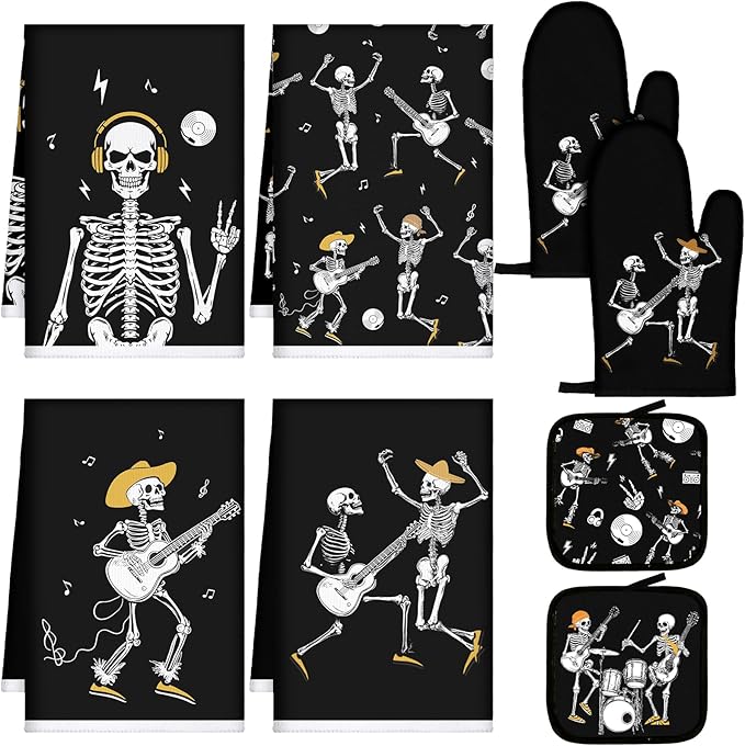 Leinuosen 8 Pcs Skull Kitchen Decor Set Kitchen Towels Gothic Oven Mitts and Pot Holders Skeleton Hand Dish Towels Horror Oven Mitts for Home Decoration Party Gifts (Modern Color,Music)