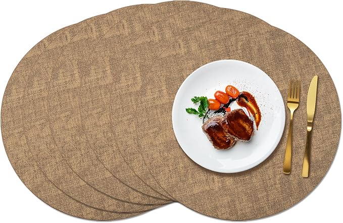 Maxpearl Round Placemats Set of 6, 13.8 inch Faux Leather Heat Resistant Table Mats, Non Slip Waterproof Wipeable Place Mats for Kitchen Dining Holiday Party Table Settings, Brown