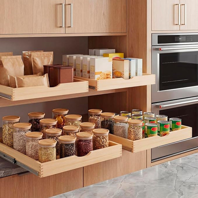 Menkxi 2 Set Wooden Pull out Cabinet Organizer Fully Assembled Slide out Pantry Drawer with Gentle Close Storage Shelf Tray for Base Kitchen Under Sink Bathroom Accessory(Wood Color,30'' X 21'' X 3")