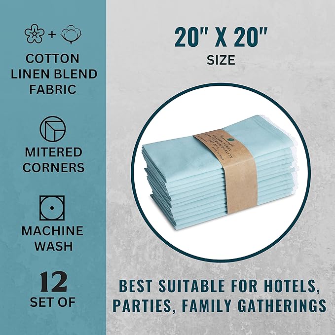 Fingercraft Dinner Cloth Napkin Cotton Linen Set of 12 Mitered Corners with Natural Elegant Lace for Everyday Use Napkins are Pre Shrunk and Good Absorbency with Lace 20x20 in Aqua Easter Color