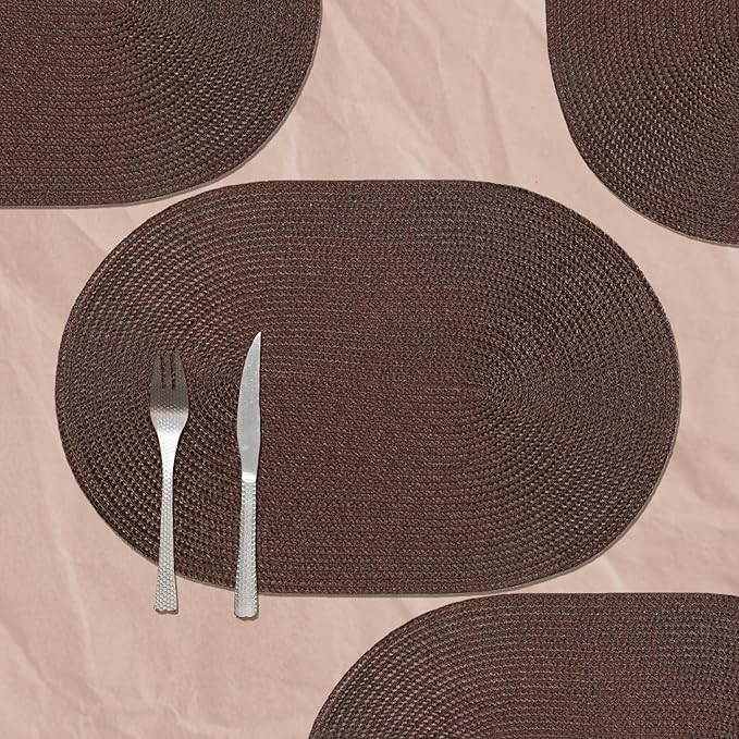 AHHFSMEI Placemats Set of 6 for Dining Table Washable Woven Non-Slip 18x12 inches Placemat Heat-Resistant Durable Table Mats for Dining Table Easy to Clean (Oval Brown, 6)