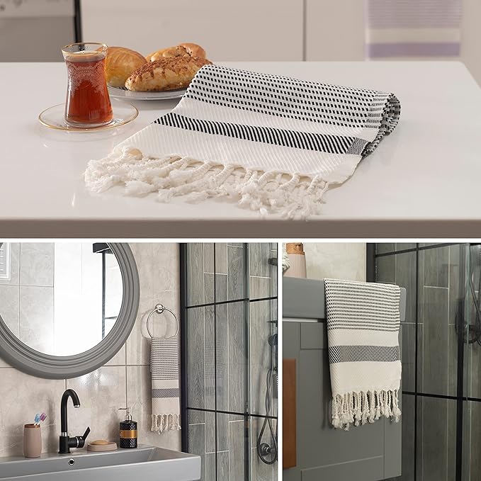 Ruvy Home Basics Turkish Hand Towels for Bathroom Set of 2 | 18"x40", Cotton | Decorative Towel for Bathroom, Kitchen, Dishcloth, Tea, Yoga, Face, Gym - Black