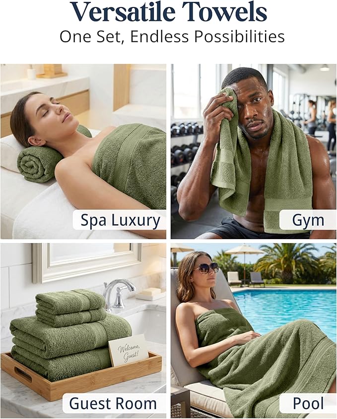 LANE LINEN Luxury Cotton Bath Towel Pack of 16 - Softer, Highly Absorbent & Durable - 4 Bath, 8 Wash cloths, 4 Hand Towels for Bathroom - Premium Look, Spa Quality, Solid Dyed Towels - Oil Green