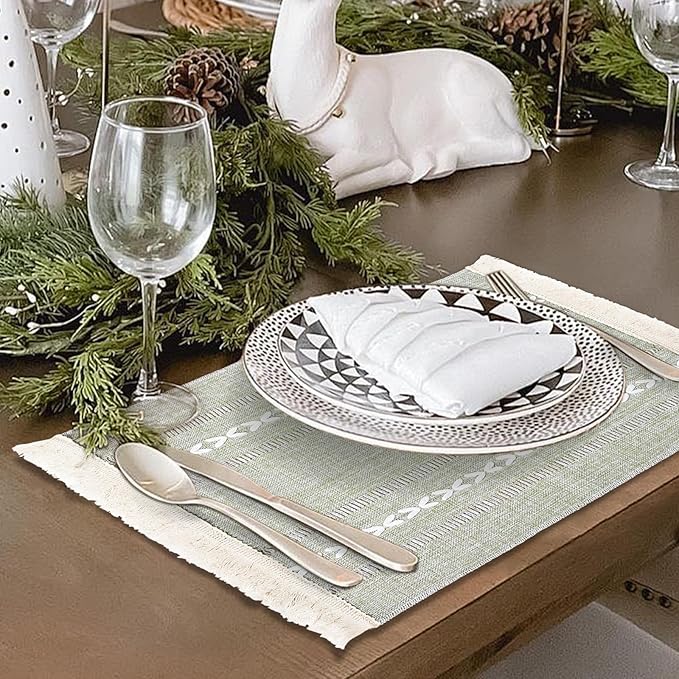 Cotton Linen Placemats Set of 6, Boho Hemstitch Place Mats with Fringe, Washable Table Mats for Dining Table, Rustic Farmhouse Kitchen Decor Home Decor
