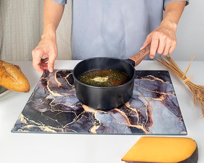 Kitchenville Glass Cutting Board 16"x12": Tempered Glass Kitchen Counter Protector - Durable- Scratch-Resistant, Heat-Proof - Design 8 - Grey & Gold