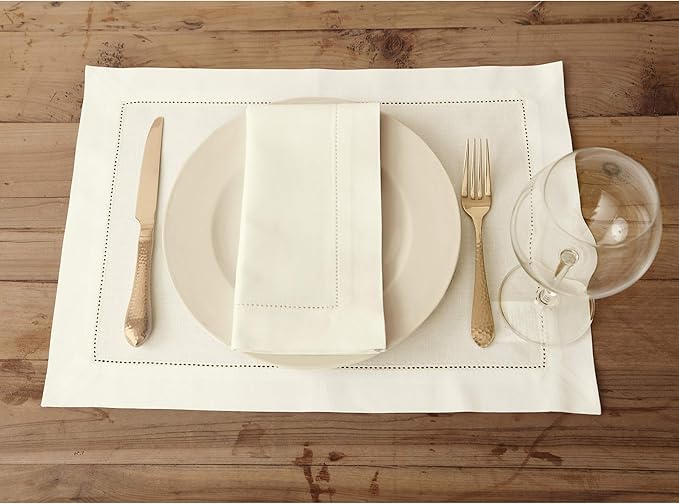Solino Home Ivory Placemats Set of 6 - Cotton Linen Hemstitch Placemats 14 x 19 Inch for Spring, Summer, Mothers Day