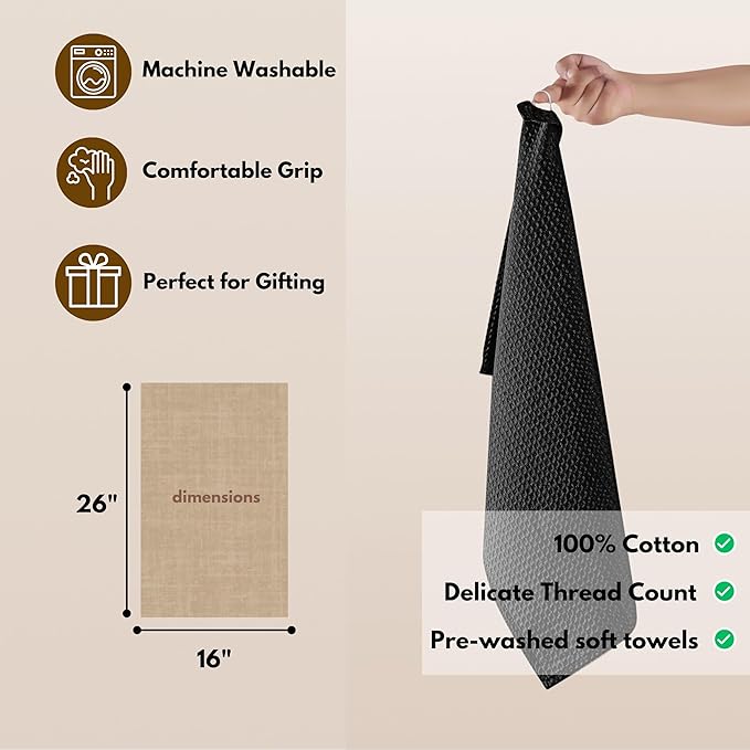 Native Fab Cotton Kitchen Towel with Hanging Loop 16x26 inches, 6-Pack, Waffle Weave Kitchen Towels for Cleaning Drying, Washcloths Soft & Absorbent Cloth Rags, Bar Towel, Dish Cloth, Black