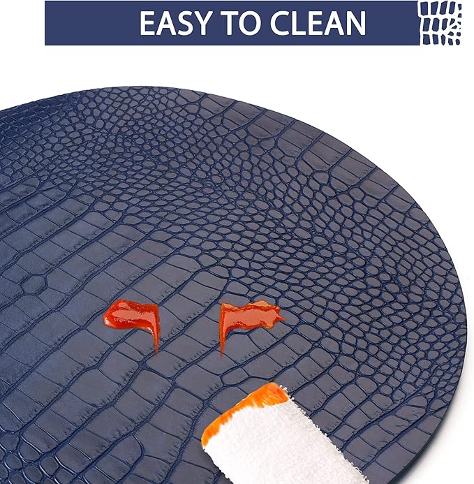 Round Leather Placemats for Round Tables Set of 8, Blue Table Place Mats and Coasters, Washable Easy to Care for Indoor Decor 13" Diameter
