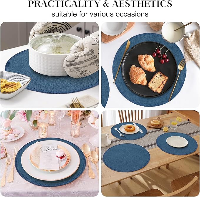 Round Placemats Set of 6, 15 Inch Linen Fabric Table Placemats, Heat Resistant, Wrinkle Free Washable Placemats Kitchen Place Mats Set of 6 for Dining Table Party Table (Navy Blue, 6)