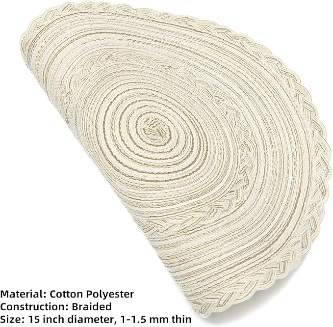 SHACOS 15 inch Round Braided Placemats Set of 12 for Dining Table Woven Boho Place Mats Kitchen Placemat Washable Table Mats, Ivory Bordered