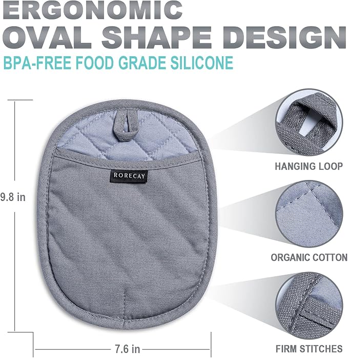 2-Pack Silicone Pot Holders for Kitchen Heat Resistant up to 500°F, Non-Slip Large Hot Pads with Pocket, Quilted Liner Trivets for Countertops Hot Pots and Pans (Gray)
