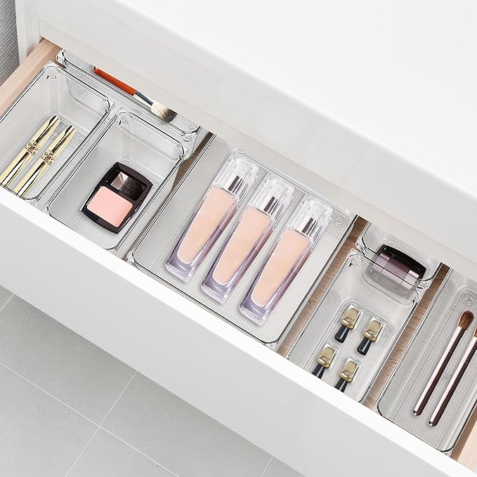 4 Pack Drawer Organizer - 3" X 3" Clear Acrylic Storage Bins with Non-Slip Pads, Versatile Desk Tray for Makeup, Jewelry, Kitchen, Bathroom, and Office Organization