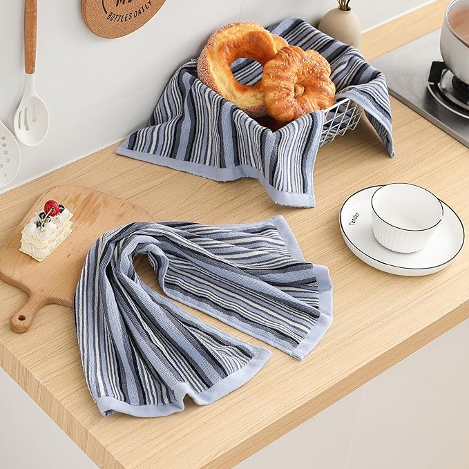 SALAS Premium Cotton Kitchen Dish Towels for Drying Dishes,Large Long Kitchen Hand Towels, Thick Highly Absorbent Dish Clothes Tea Towel Sets with Hanging Loop, 16" X 26", 4 Pcs, Blue