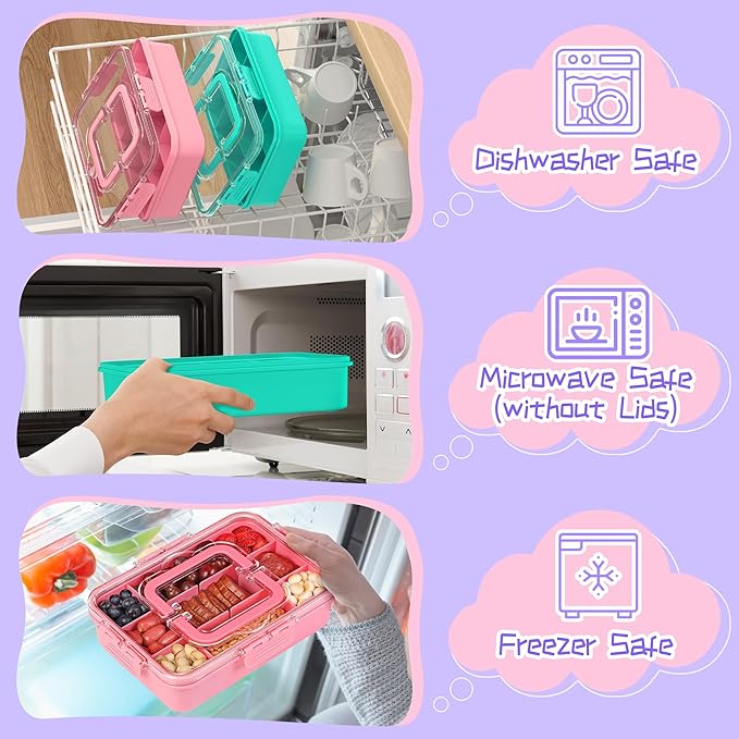 Xyptorix 2 Pcs Snack Box Container for Kids - Adjustable 12-Compartment Snack Containers, Reusable Bento Box, Dishwasher Safe, BPA-Free, Perfect for School, Travel, Camping & Picnic, Pink & Green