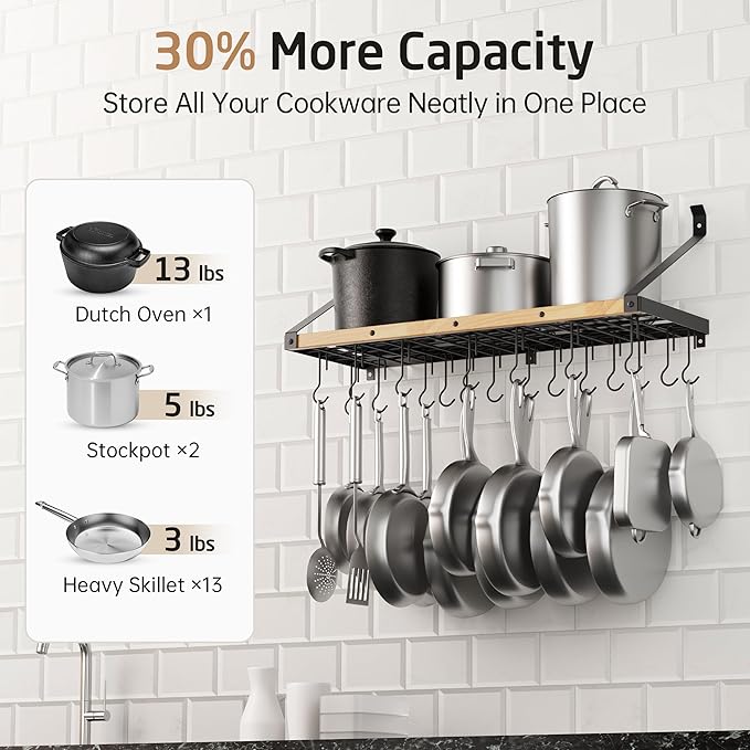 KES Pot Rack Wall Mounted 34 Inch, Pot and Pan Hanging Rack with 20 Sturdy Hooks, Solid Wood Pot and Pan Hanger Organizer, Matte Black, KUR529S85A-BK