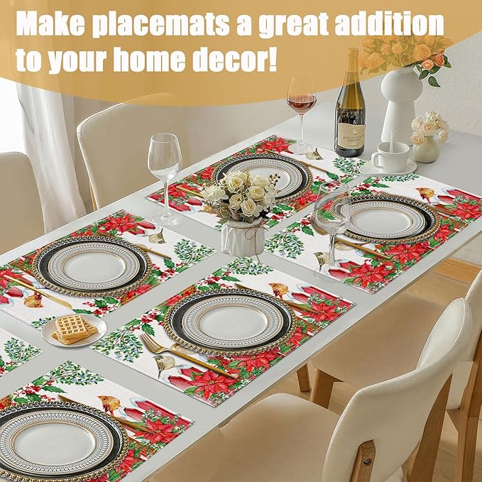 Christmas Birds Placemats Set of 6, Winter Red Cherry Linen Place Mat Washable Stain Resistant Table Mats for Farmhouse Kitchen Dining Party Wedding Decor 12x18 Inch