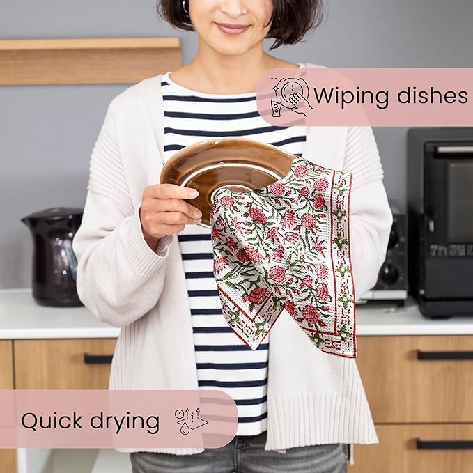 CPC Red Garnet Hand Block Print Waffle Kitchen Towel Set of 3-16 x 28 Inch Ultra Absorbent Quick Dry Cotton Dish Towels Lightweight Reusable Sustainable Tea Towels for Cleaning and Drying