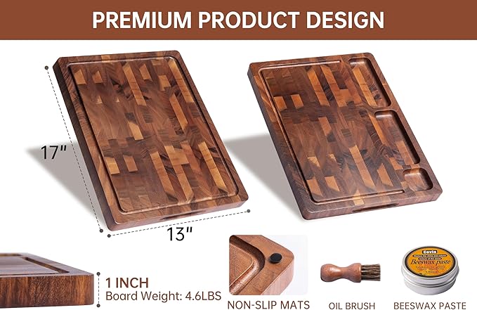THETCHRY Walnut Wood Cutting Boards for Kitchen, End Grain Chopping Board Double Sided, Large Cutting Board with Handle, Charcuterie Butcher Block for Meal Prep & Serving with Gift Box, 17"×13"×1"