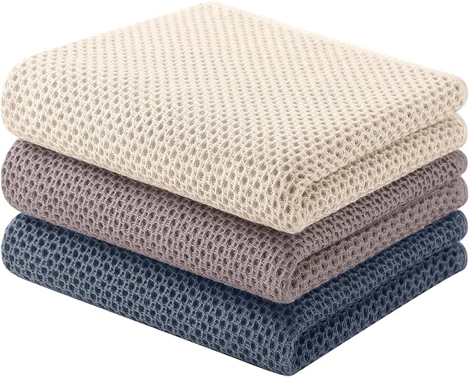 Homaxy 100% Cotton Waffle Weave Kitchen Towels, 3-Pack Ultra Soft Absorbent Dish Towels, Quick Drying Cleaning Towels, 13 x 28 Inches, Mixed Color