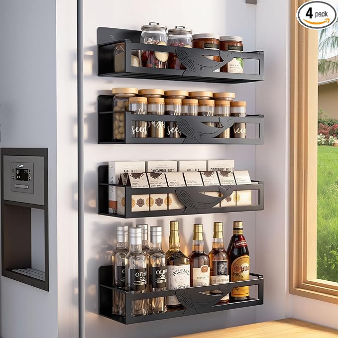 Magnetic Spice Rack for Refrigerator, 4-Pack Metal Seasoning Organizer for Kitchen Storage Organization, Magnetic Shelf for Fridge Space Saving Spice Organizer, Black