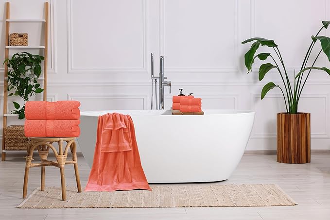 Oakias Premium Towel Set 600 GSM 6 Piece Coral - 100% Ring Spun Cotton Highly Absorbent Towels Set - Super Soft Bathroom Towel Set - Hotel Quality Double Stitched Hem - Ideal for Hotels, Spa, Gyms