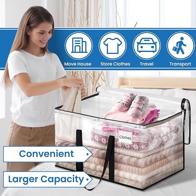 RoomHacks Clear Heavy Duty Extra Large Moving Bags, Reinforced Handle and Double Zipper Storage Bags for Packing Essentials (6 Packs)