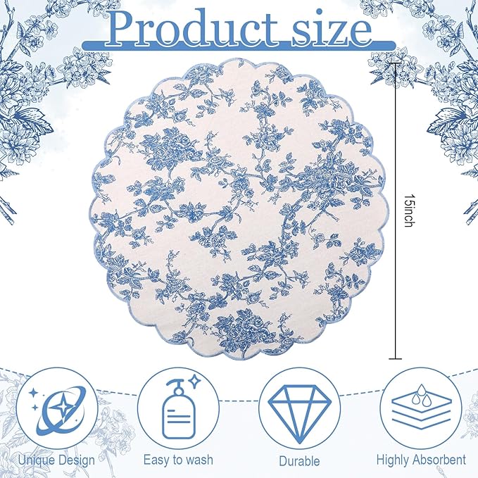 Set of 6 Round Placemats 15 Inch Cotton Scalloped Embroidery Placemat Washable Double Layered Rustic Dinner Table Mat Decor Fabric for Hotel Restaurant Kitchen(Floral/Blue,Classic)