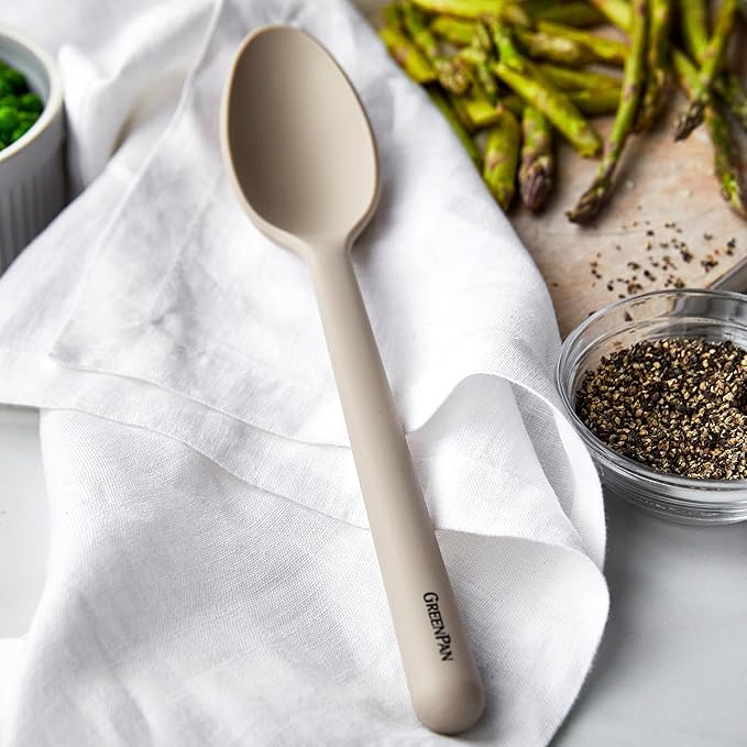 GreenPan Silicone Ultimate Spoon, Mixing Stirring Serving Cooking Kitchen Utensil, Flexible Rubber Nonstick Cookware, Rigid Steel Core, Heat-Resistant, Anti-Slip Handle BPA-Free Dishwasher Safe, Taupe