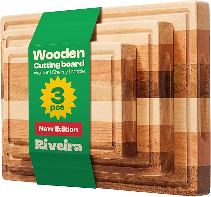 Riveira Walnut/Cherry/Maple Wood Cutting Board Set - Versatile And Durable: 3 Pcs Wooden Cutting Boards - Natural Wooden Cutting Boards For Kitchen Set - Complete Cutting Board