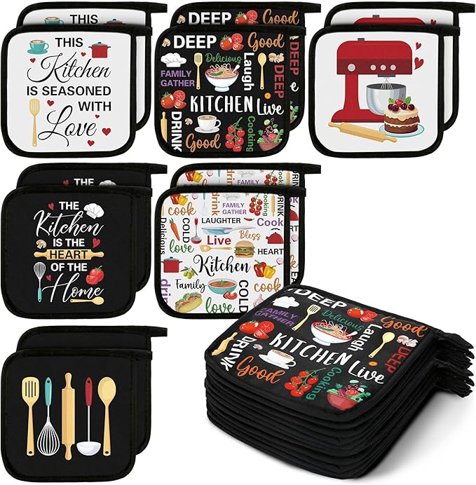 Bencailor 12 Pcs Pot Holders with Pocket Kitchen Hot Potholders Hot Pad Oven Mitts Cookie Bag Oven Gloves for Kitchen Gift Baking Cooking(Bright Color,Farmhouse)