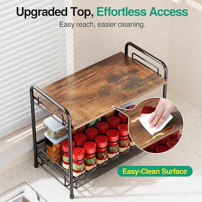 2 Pack Spice Rack Organizer for Countertop with Wood Top, 2-Tier Foldable Metal Rust-Proof Standing Large Seasoning Storage Shelf with Guardrail & Mesh Design for Kitchen Living Room, Black